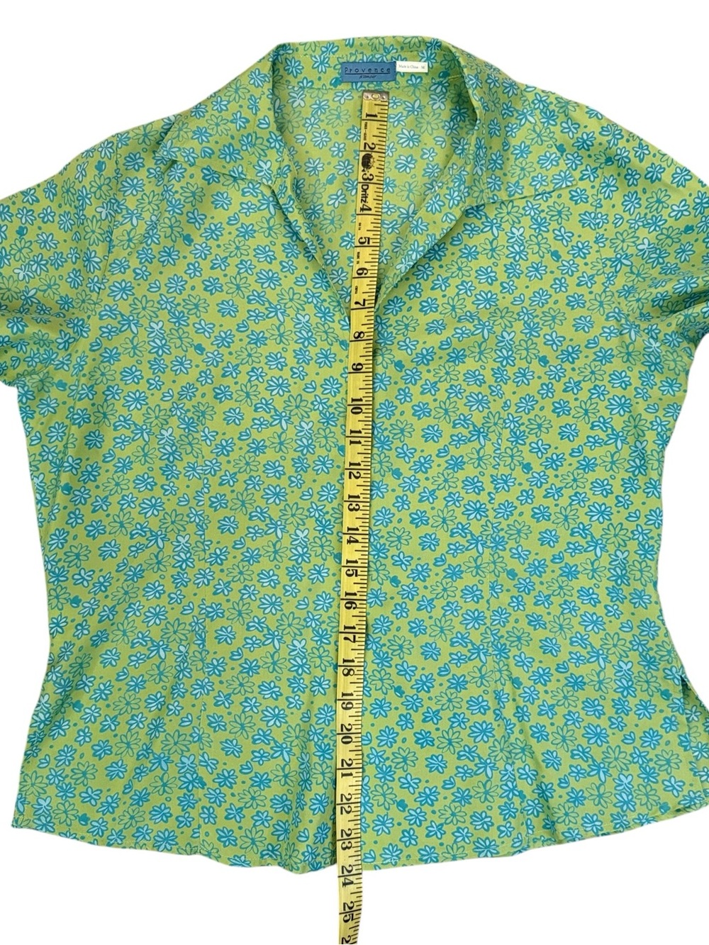 Provence d’amour 100% Silk Y2K Floral Blouse Lime Green Blue Daisy Print Medium - Picture 13 of 15